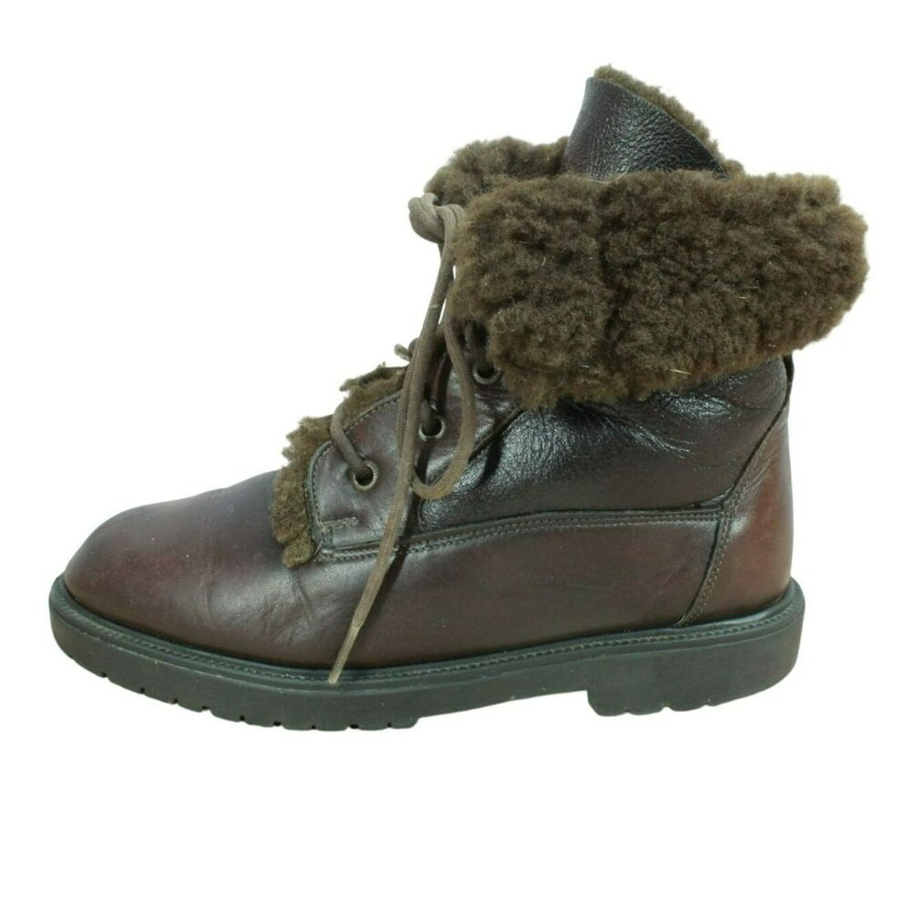 *Santana Brown Leather Lace Up Fur Cuff Paddock Ankle Boots Size 10.5 Inches